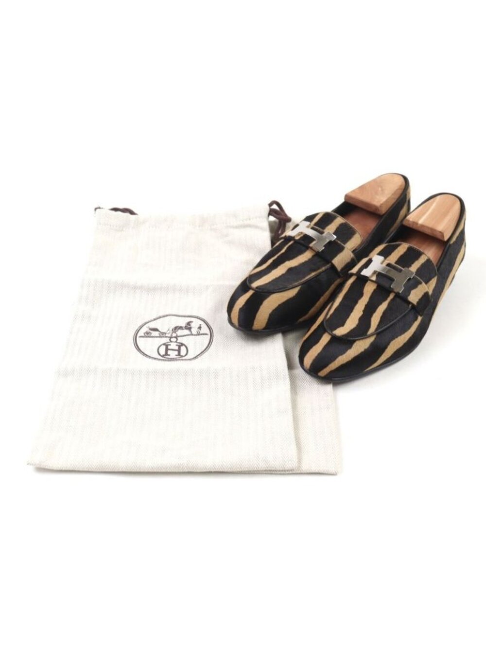 Hermes 2021 Z Halaco H Metal Zebra Pattern Moccasin Loafers Camel Black - Picture 2 of 12